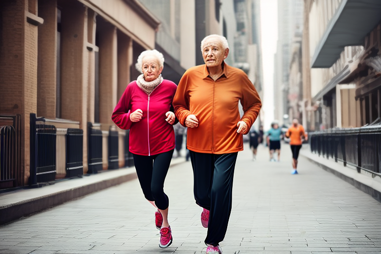 old woman and man runing in the city