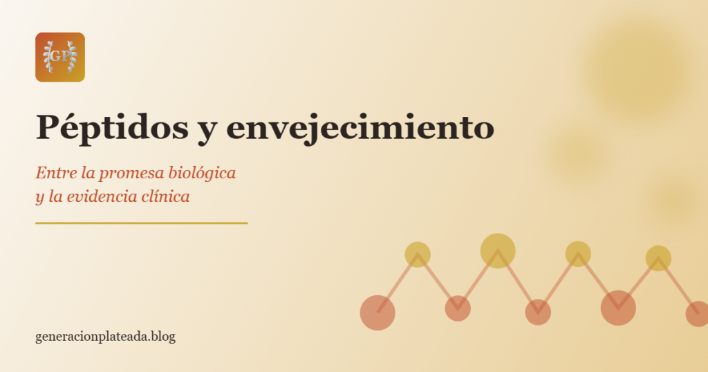 Ilustración de péptidos y envejecimiento, cápsula bicolor sobre fondo dorado y terracota