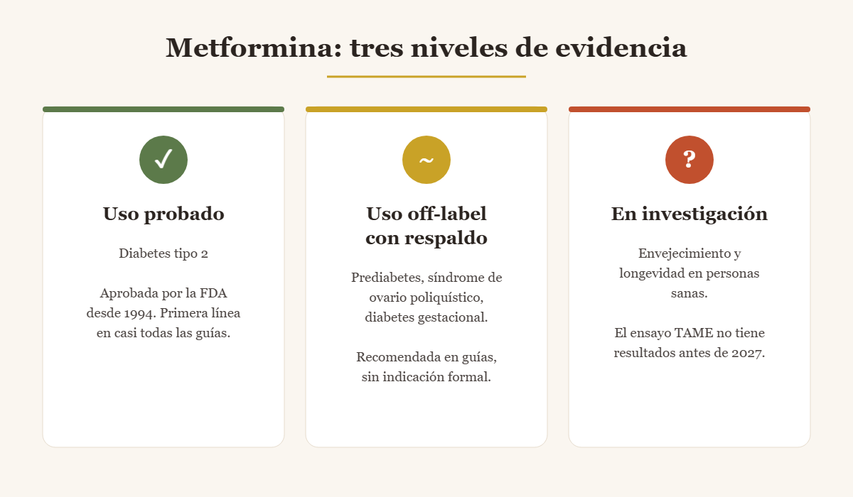Tres niveles de evidencia de la metformina: uso probado en diabetes tipo 2, uso off-label con respaldo en prediabetes/SOP/diabetes gestacional, y uso en investigación para envejecimiento