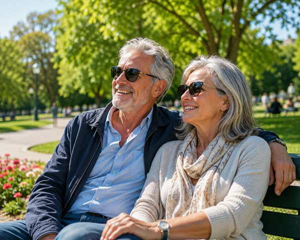 Pareja de adultos mayores sonriendo, sentada en un banco de un parque