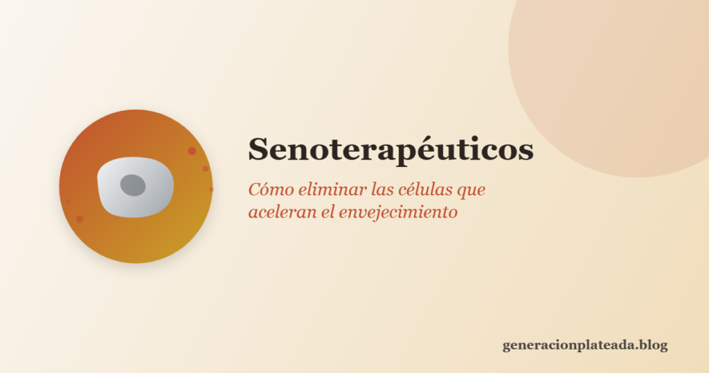 Ilustración de una célula senescente liberando partículas, representando la acción de los senoterapéuticos